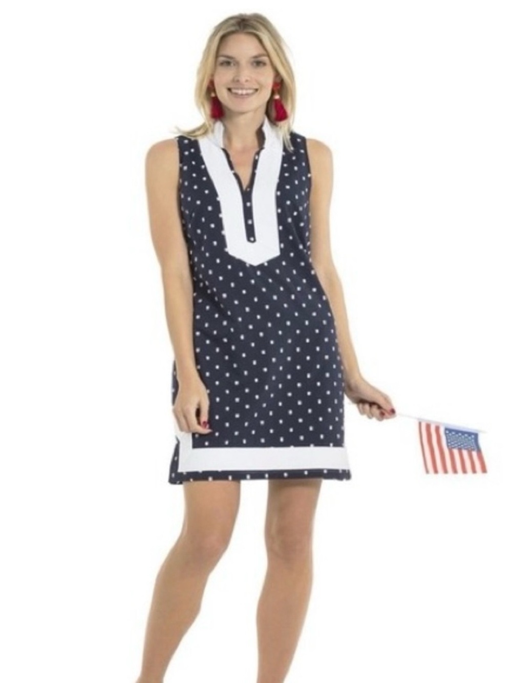 Navy Polka Dot Sleeveless Tunic Shift Dress with White Trim